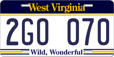 WV license plate 2GO070