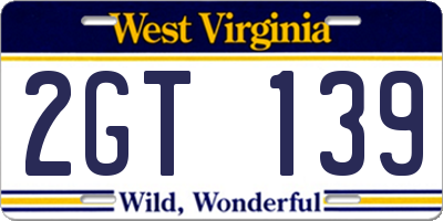 WV license plate 2GT139