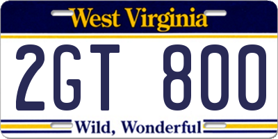 WV license plate 2GT800