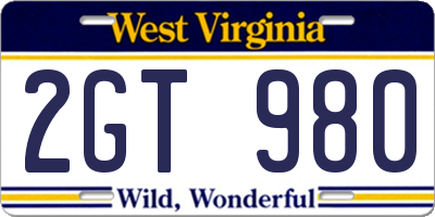 WV license plate 2GT980