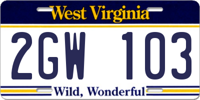 WV license plate 2GW103