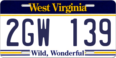 WV license plate 2GW139