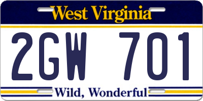 WV license plate 2GW701
