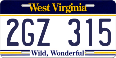 WV license plate 2GZ315