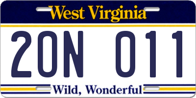 WV license plate 2ON011