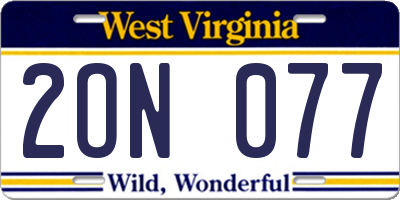 WV license plate 2ON077