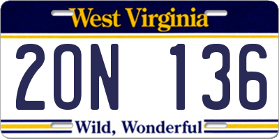 WV license plate 2ON136