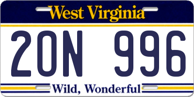 WV license plate 2ON996