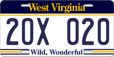 WV license plate 2OX020