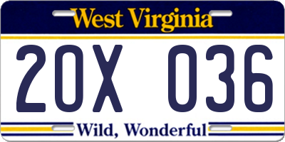 WV license plate 2OX036