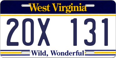 WV license plate 2OX131