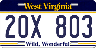 WV license plate 2OX803