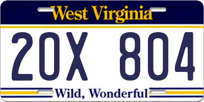 WV license plate 2OX804