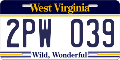 WV license plate 2PW039