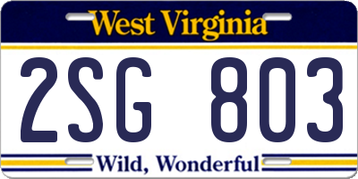 WV license plate 2SG803