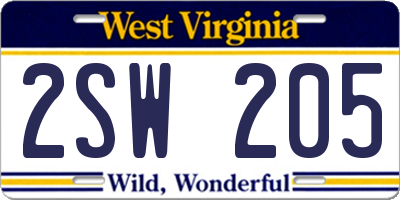 WV license plate 2SW205