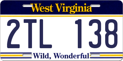 WV license plate 2TL138