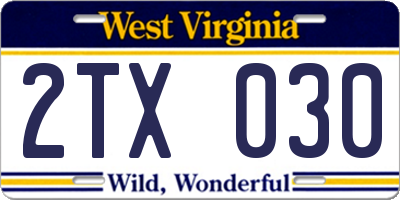 WV license plate 2TX030