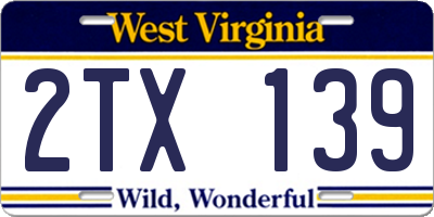 WV license plate 2TX139