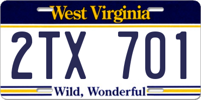 WV license plate 2TX701