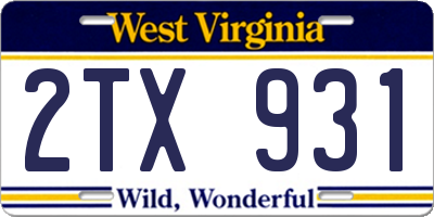 WV license plate 2TX931