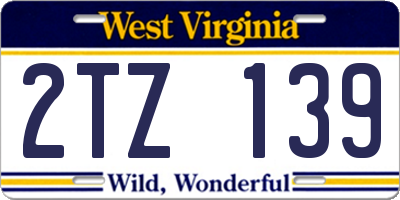 WV license plate 2TZ139