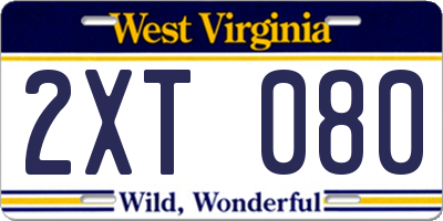 WV license plate 2XT080