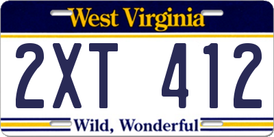 WV license plate 2XT412