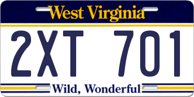 WV license plate 2XT701