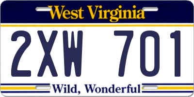 WV license plate 2XW701
