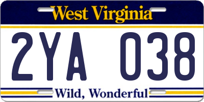 WV license plate 2YA038
