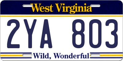 WV license plate 2YA803