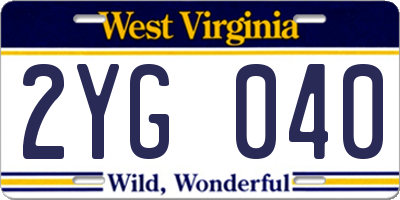 WV license plate 2YG040