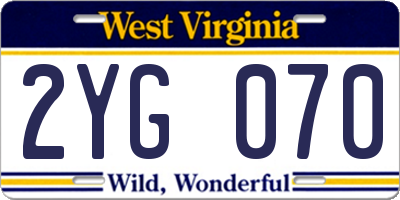 WV license plate 2YG070
