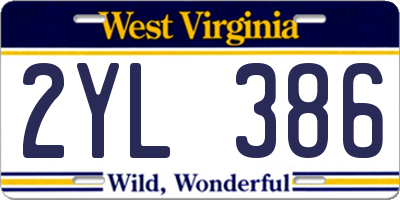 WV license plate 2YL386