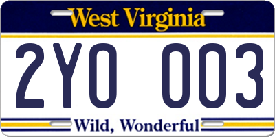 WV license plate 2YO003