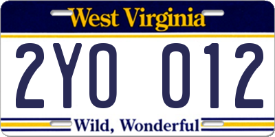 WV license plate 2YO012