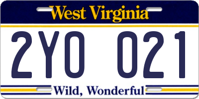 WV license plate 2YO021