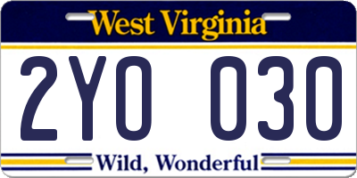 WV license plate 2YO030
