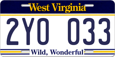 WV license plate 2YO033
