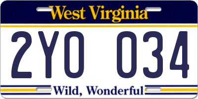 WV license plate 2YO034