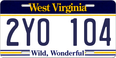 WV license plate 2YO104