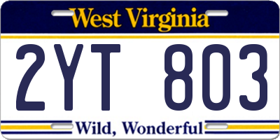 WV license plate 2YT803