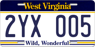 WV license plate 2YX005