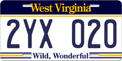 WV license plate 2YX020