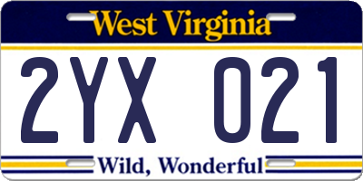 WV license plate 2YX021