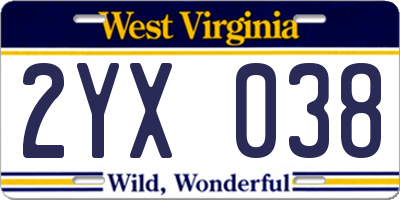 WV license plate 2YX038