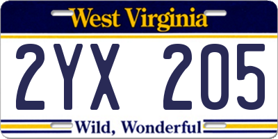 WV license plate 2YX205