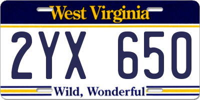 WV license plate 2YX650