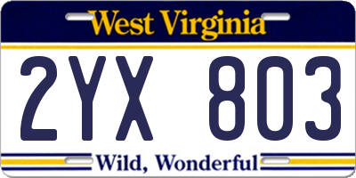 WV license plate 2YX803